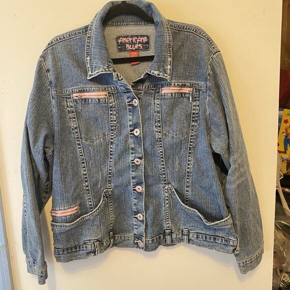 Y2K Women 1X Americana Blue Jean Denim Jacket Button Up Zip Pocket Truck Bikers - Picture 1 of 11